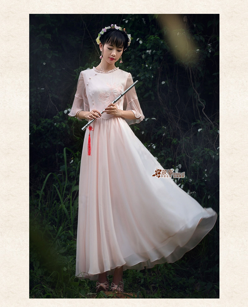 筱姿 清舞 2016春夏复古新款 女装木耳边 雪纺 绣花连衣裙长裙 浅粉 M