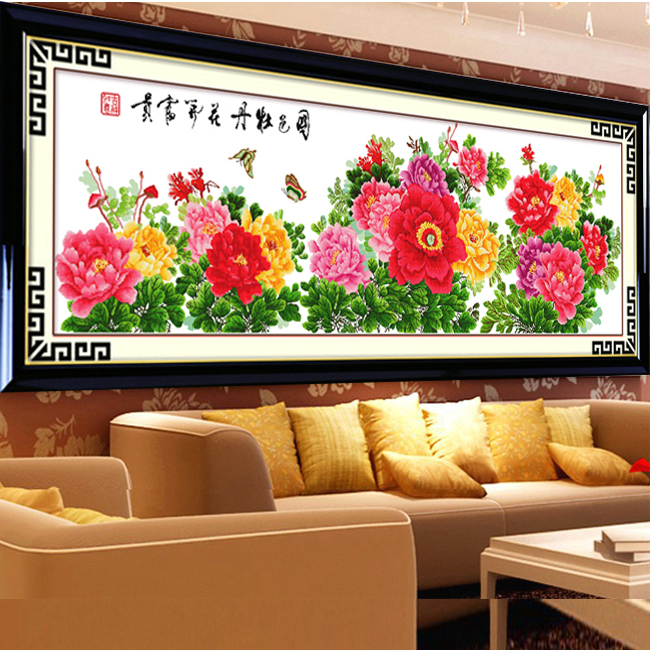 
                                                            包邮皇家至尊蒙娜丽莎十字绣新款客厅大幅背景墙画花开富贵中国风国色九尺牡丹花3米壁画2米艺术 2.1米（丝线）210*90厘米【免费补线】                