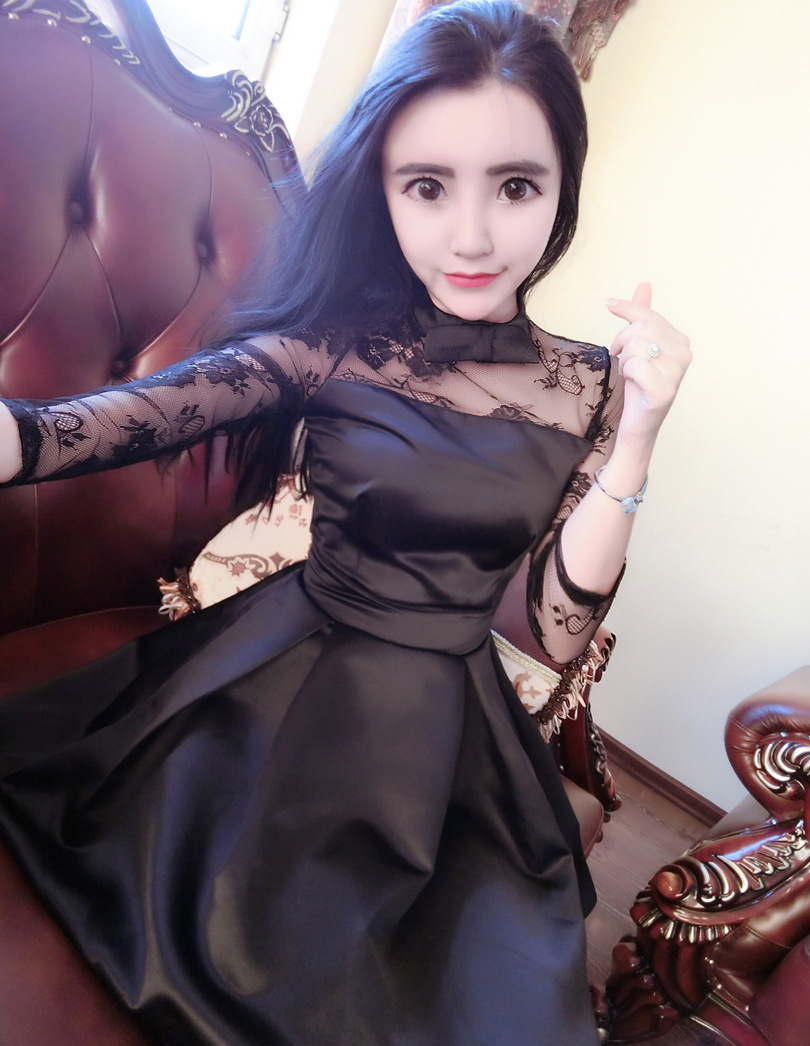 溪歌凡夜店女装时尚性感大露背蕾丝拼接收腰显瘦七分袖百褶蓬蓬连衣裙