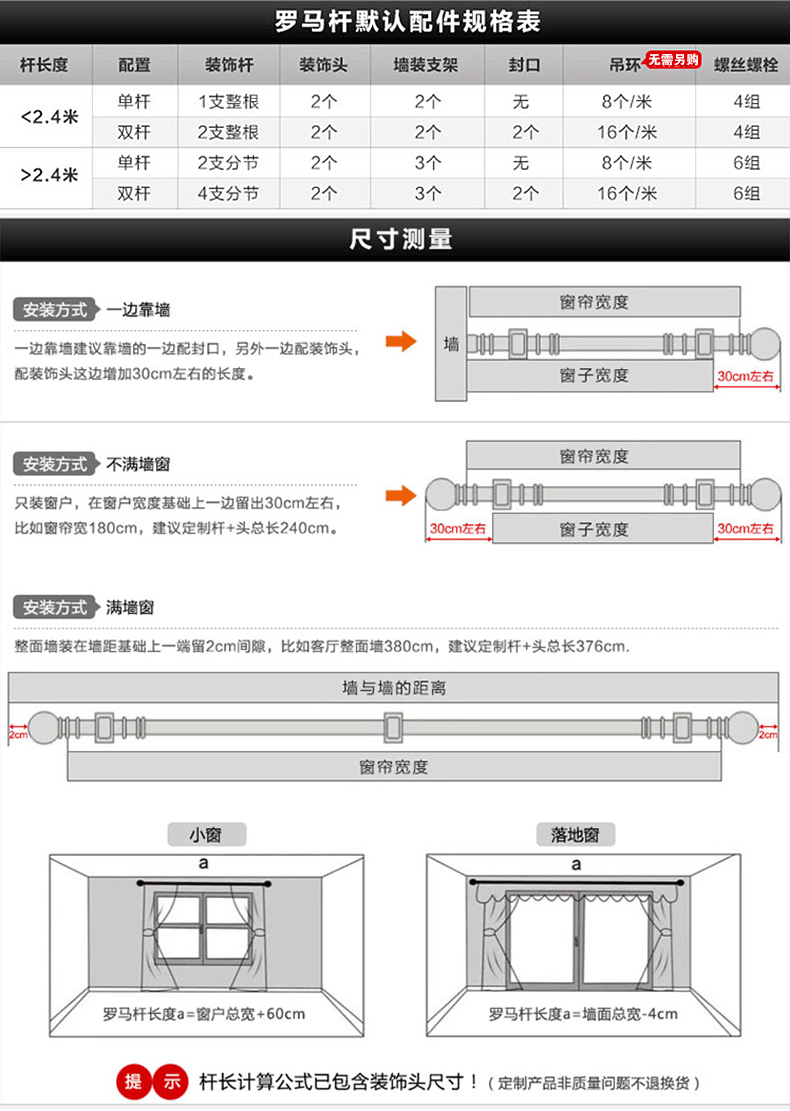 三巧家紡 窗簾杆鋁合金羅馬杆 白色 每0.1米長 白色 每1米長