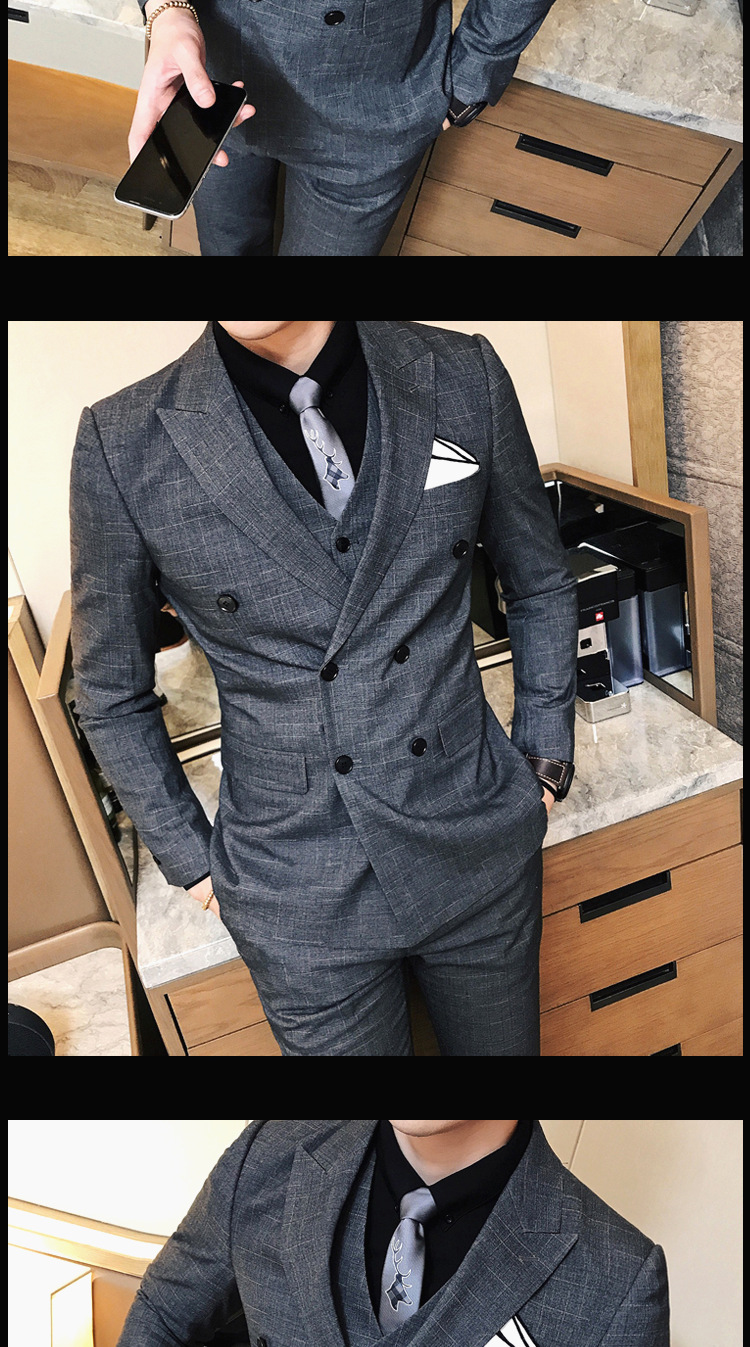 mukou 夏季西装四件套男英伦格子西服套装修身青年商务正装新郎结婚