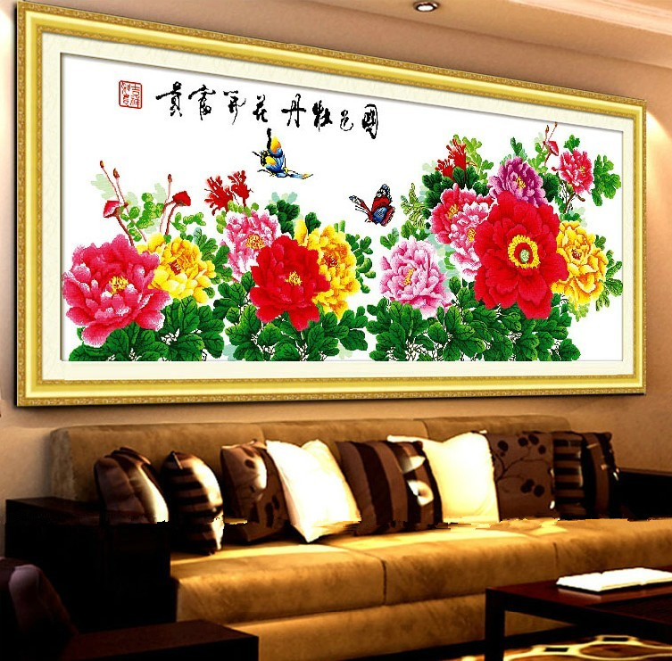 
                                                            包邮皇家至尊蒙娜丽莎十字绣新款客厅大幅背景墙画花开富贵中国风国色九尺牡丹花3米壁画2米艺术 2.1米（丝线）210*90厘米【免费补线】                