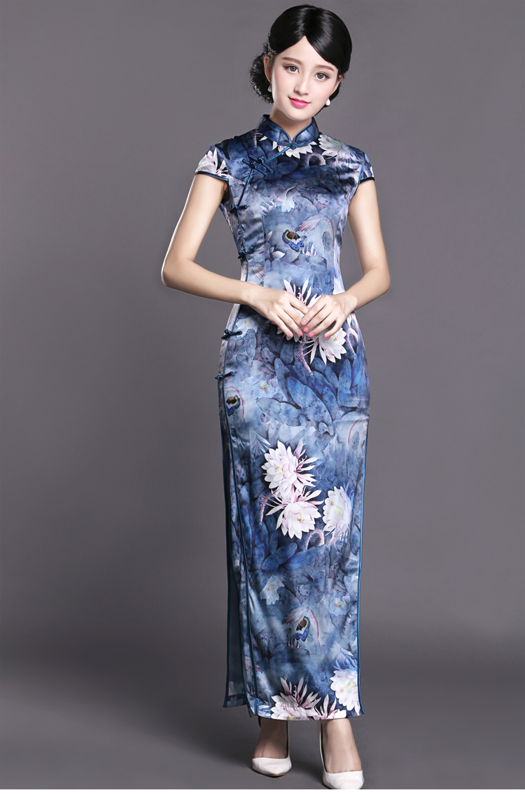 乔尚名媛中国风旗袍裙重磅真丝长款礼服ckzs007 蓝色 xl