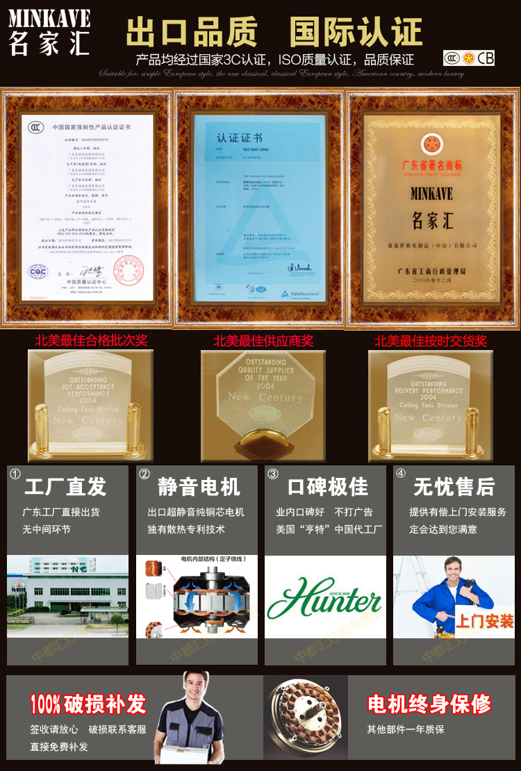 名家汇出口静音白色吊扇无灯52寸客厅风扇餐厅另外还有带5灯款式木叶两面使用老式酒吧怀旧吊扇 无灯款 配拉链+壁控