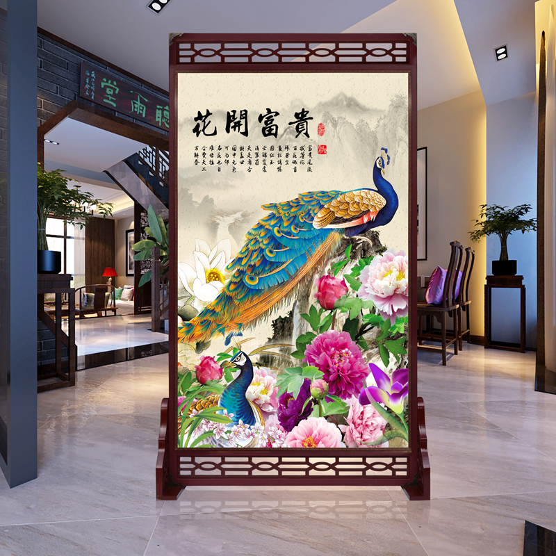 定制皮革座屏 中式书房酒店屏风 玄关办公室摄影客厅隔断双面屏风 花开富贵2 120cm宽X180高 左右镂空