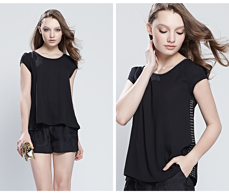 艾莱依2015夏装新款简约百搭复古铆钉圆领短袖雪纺衫 荧光桔 m