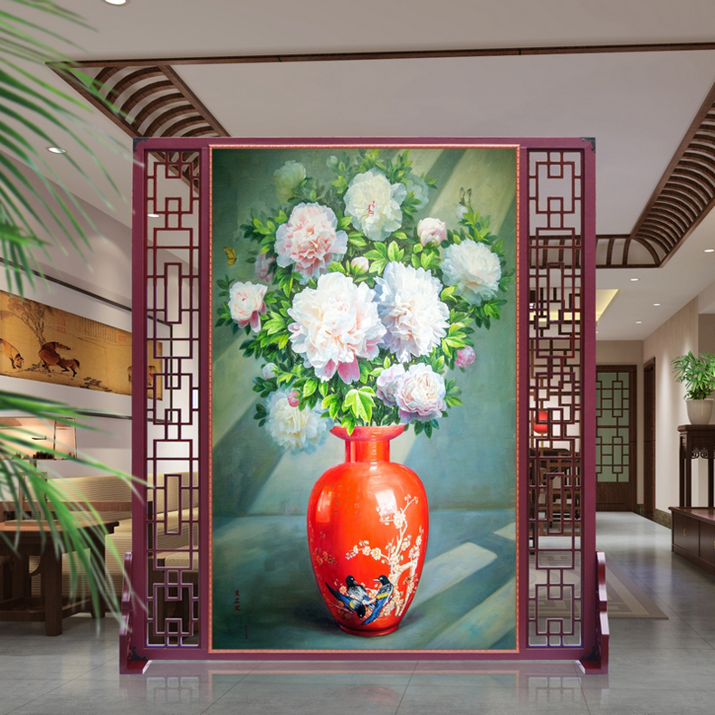定制皮革座屏 中式书房酒店屏风 玄关办公室摄影客厅隔断双面屏风 hp1 120cm宽X180高 左右镂空