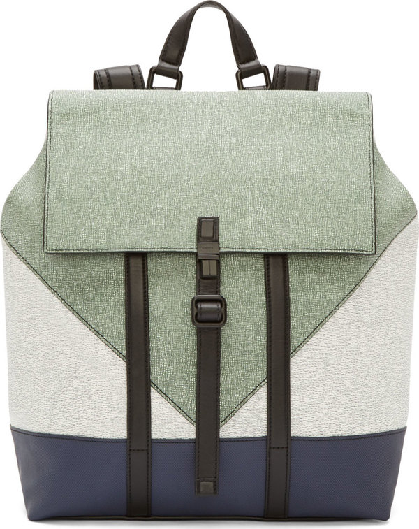 leather backpack in sage green, grey, white, and navy blue color