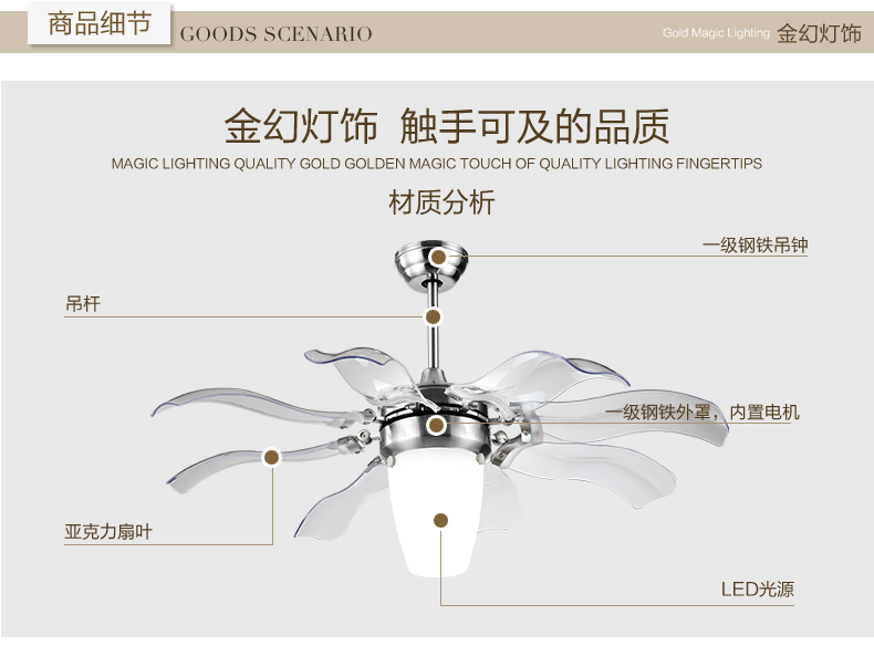 金幻水晶吊扇灯风扇灯具客厅卧室餐厅吊灯 铬色塑胶扇叶 42寸遥控版led光源
