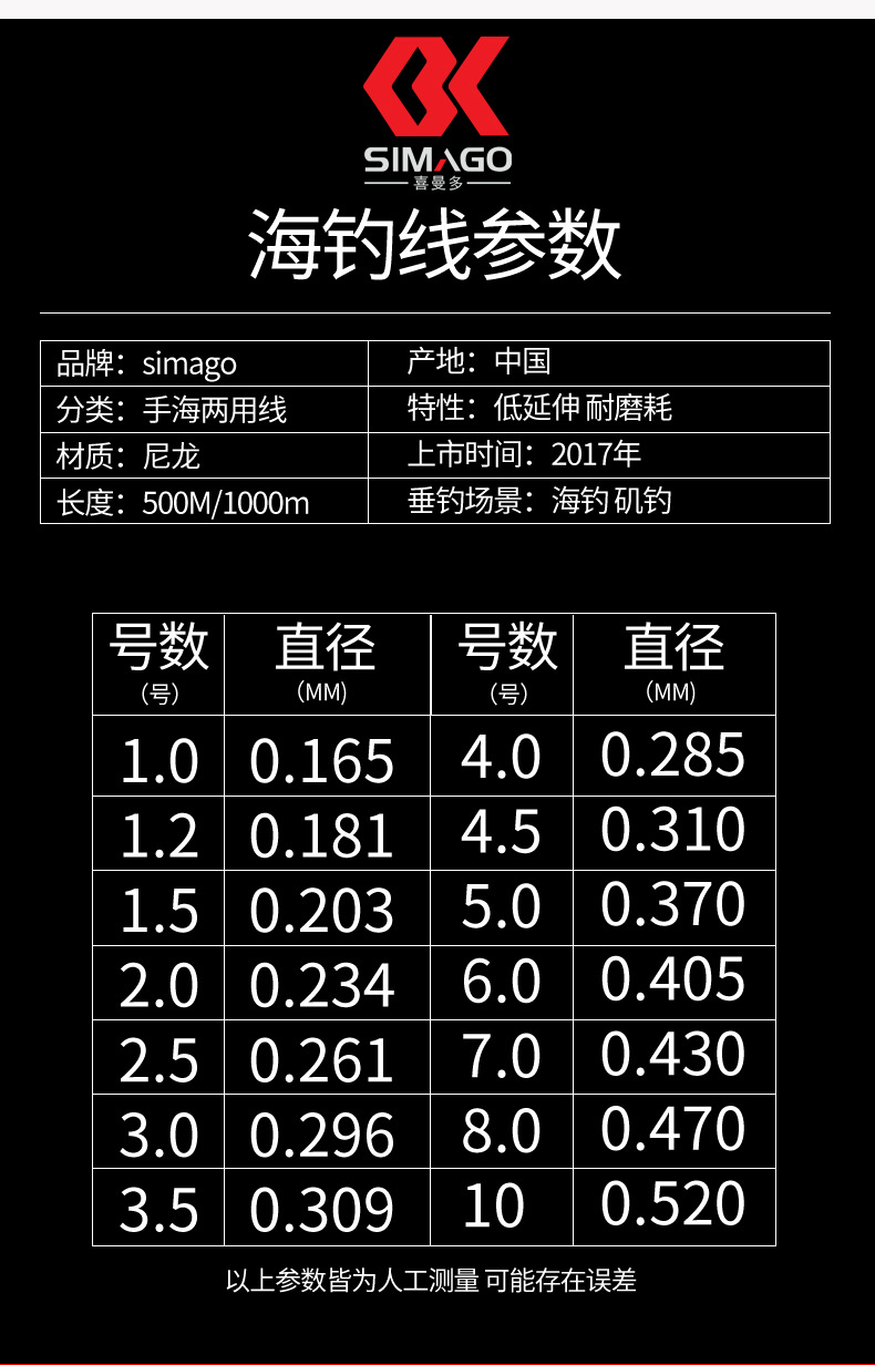 simago 喜曼多500米1000米钓鱼线进口主线拉力海钓矶钓尼龙线耐磨线