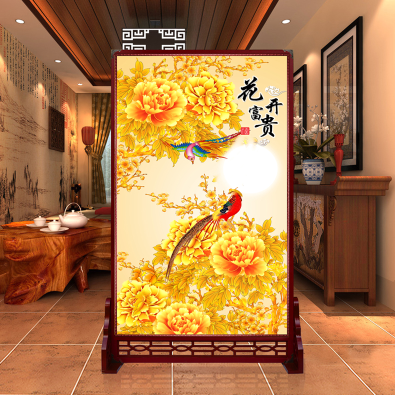 定制皮革座屏 中式书房酒店屏风 玄关办公室摄影客厅隔断双面屏风 花开富贵2 120cm宽X180高 左右镂空