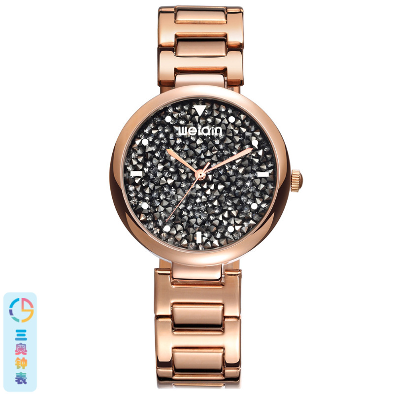 三奥2017新款星空手表防水简约个性精钢带石英表玫瑰金表z2c071 黑壳