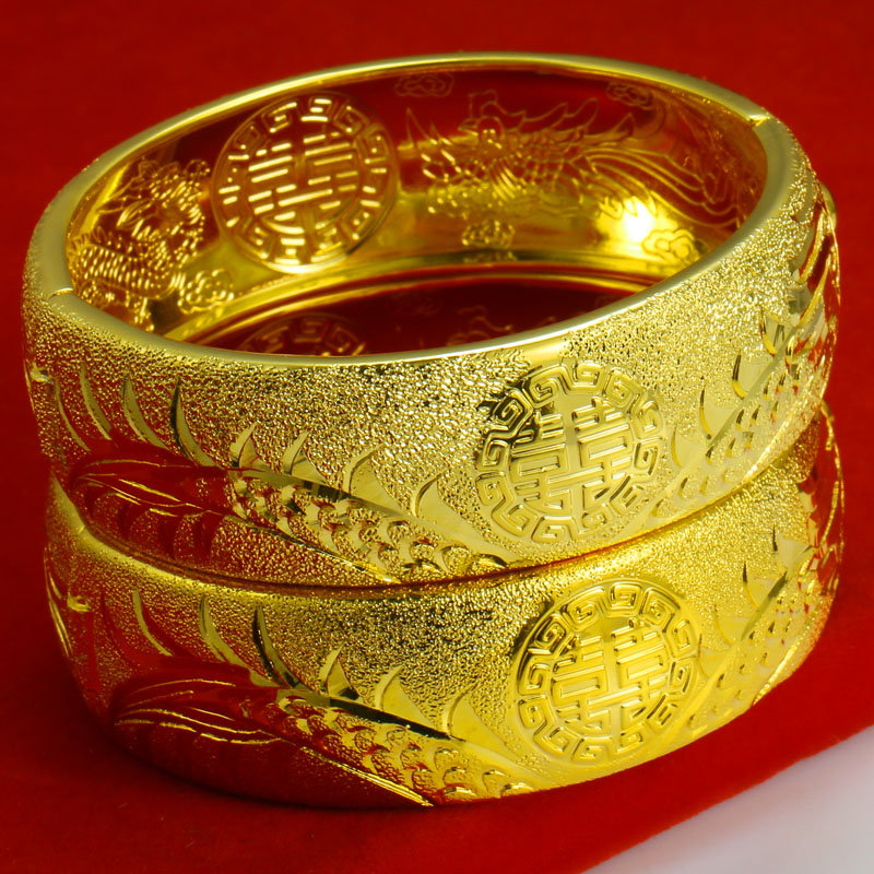 千影珠宝黄色金手镯大金镯子婚庆饰品结婚手镯女款首饰双喜字龙凤镯仿