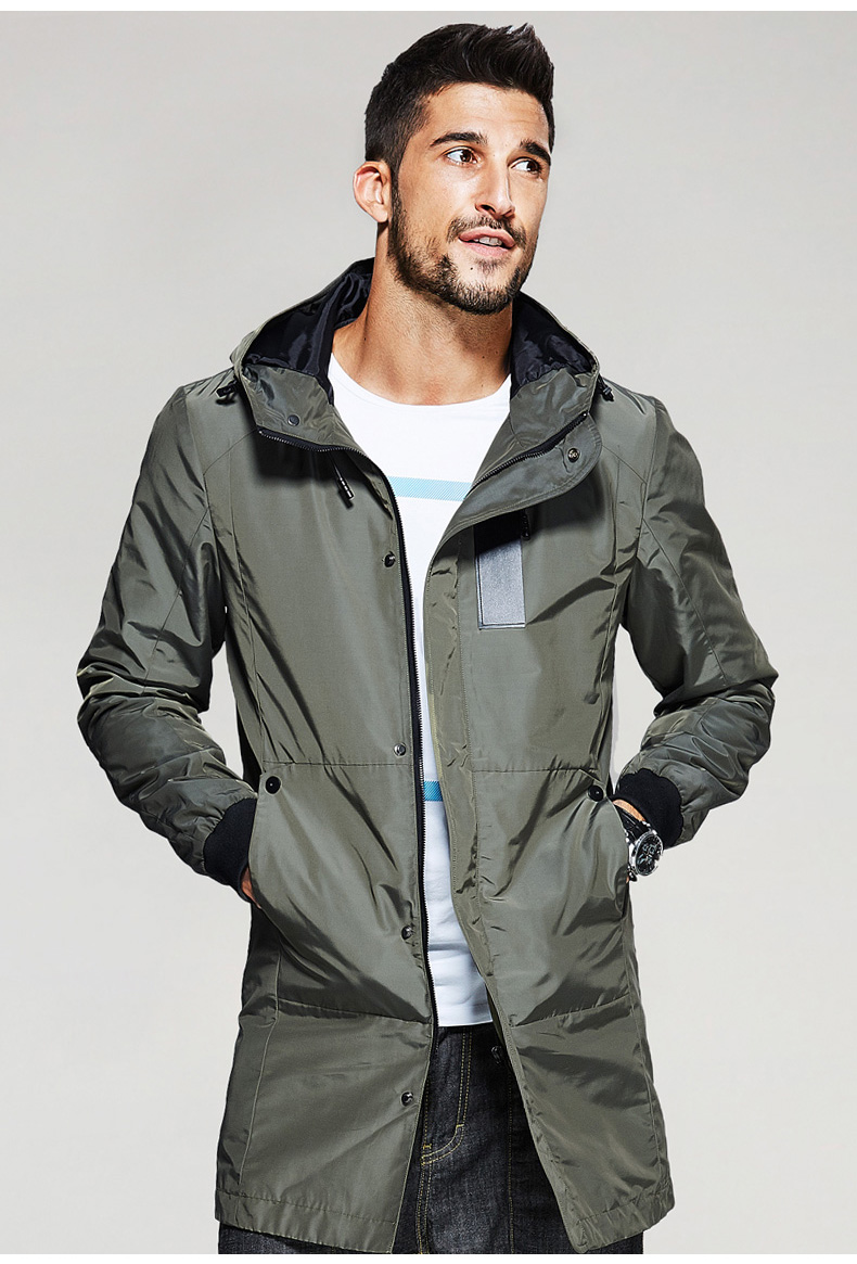 酷衣购 男士韩版修身长款风衣 男春季新款纯色连帽外套 男潮3137 绿色