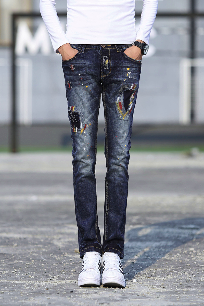 新品男装中腰修身猫须小脚牛仔裤男韩版潮流时尚休闲长裤子 蓝色 27