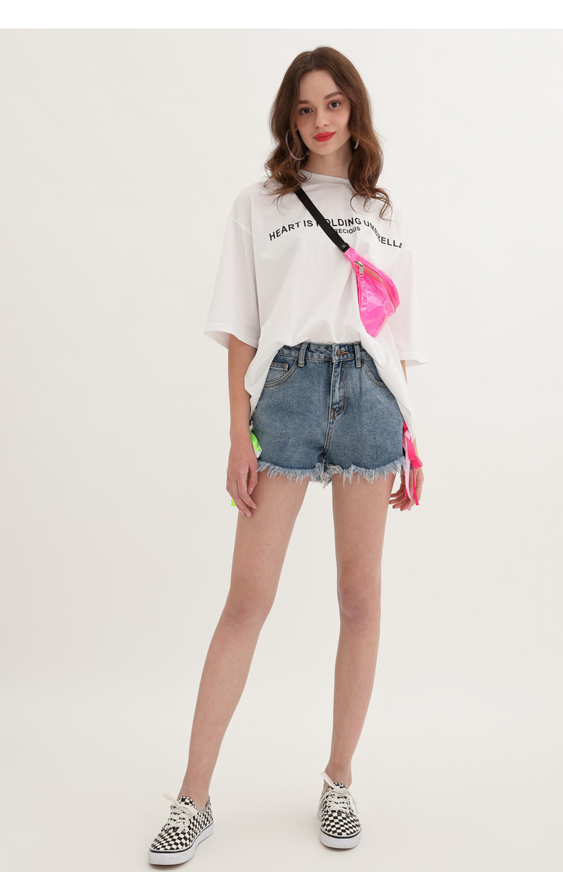 kama卡玛2019夏季新款牛仔短裤女高腰热裤宽松阔腿超短裤7219255 中蓝