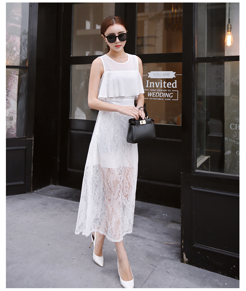 歌兔连衣裙2015夏装新款蕾丝雪纺长裙韩版气质修身半透网纱裙子 黑色