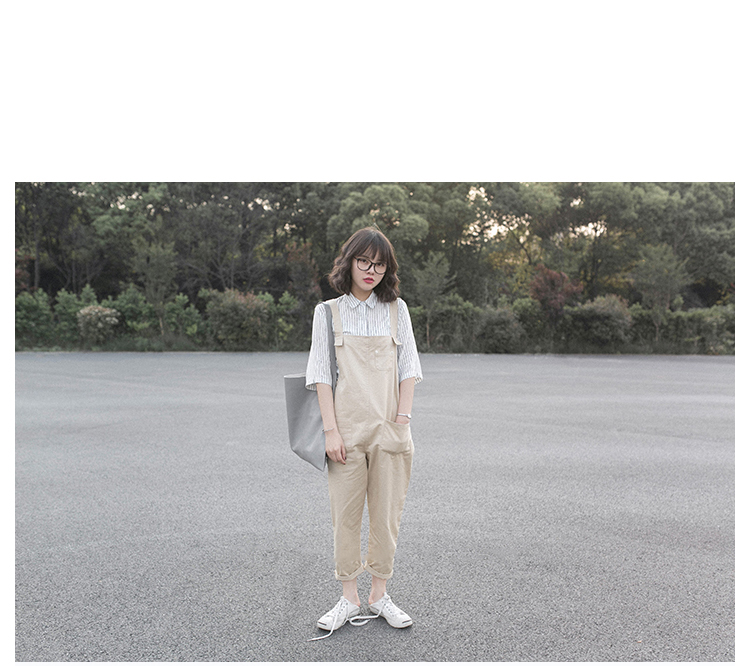 
                                        兰普丽2018春季新款休闲宽松米白背带裤九分休闲裤女 米白色 M                