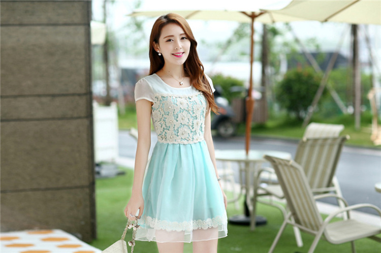 慕魅莎 2015夏季新款小清新手工订珠连衣裙精致花边蕾丝欧根纱拼接裙