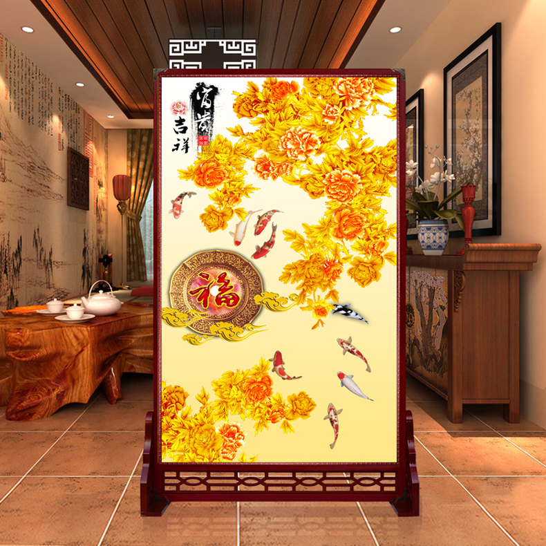 定制皮革座屏 中式书房酒店屏风 玄关办公室摄影客厅隔断双面屏风 富贵金鱼 180cm宽X180高 左右镂空