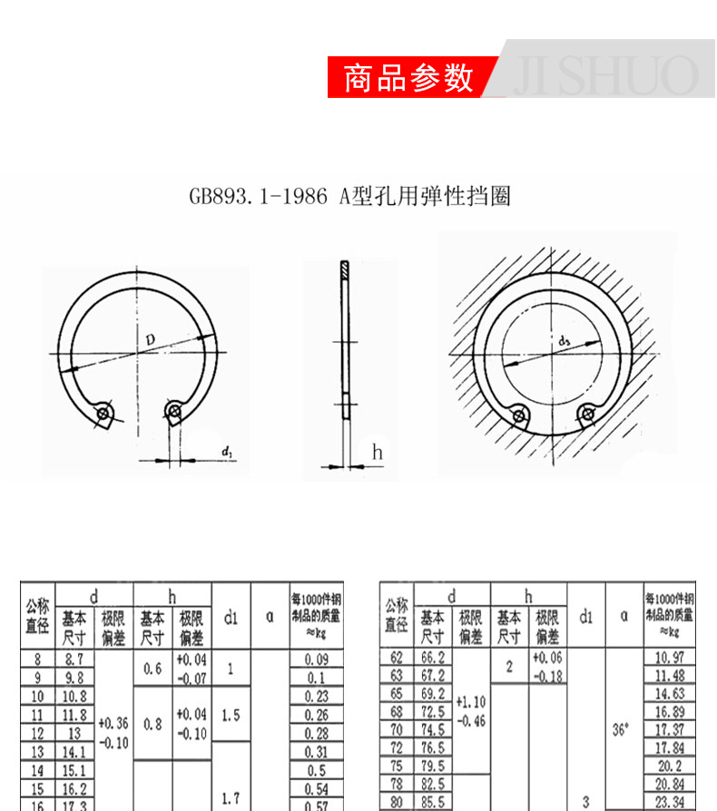 冀硕Φ8—Φ110正宗65锰gb893孔卡内卡孔用弹性挡圈c型卡簧卡环 φ52