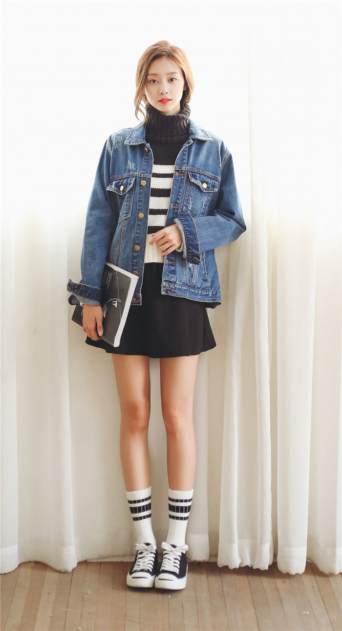 情人瑜伽2016新款 长袖牛仔外套女宽松bf风潮猫须磨破夹克 蓝色 l