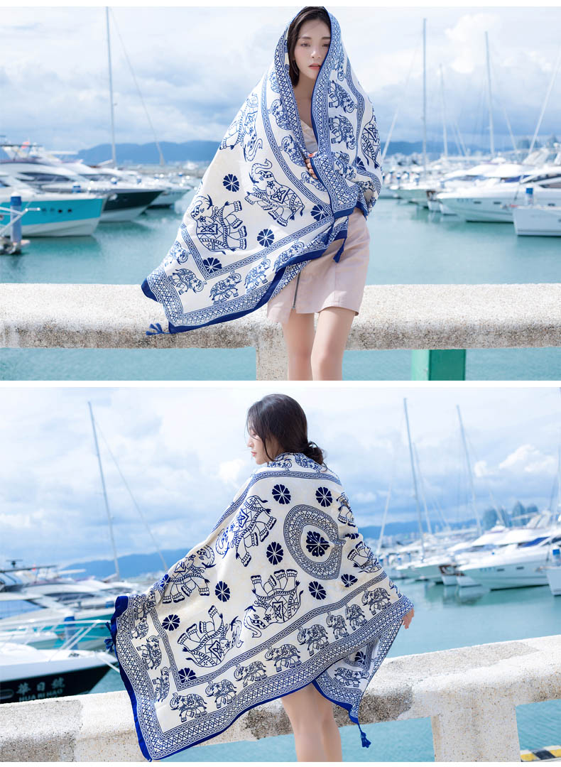 围巾女夏季纱巾时尚防晒多功能百搭超大韩版海边沙滩丝巾长款披肩 水