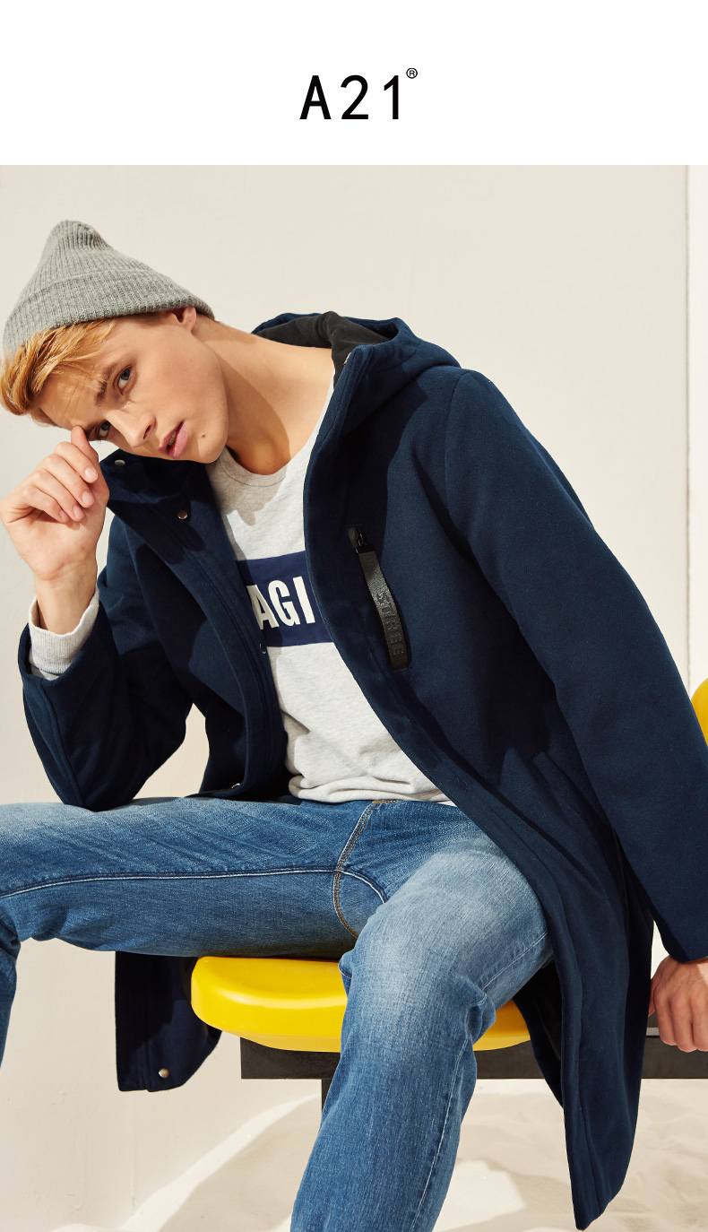 a21冬季男装欧美新品时尚简约毛呢外套男装加厚长款休闲外套