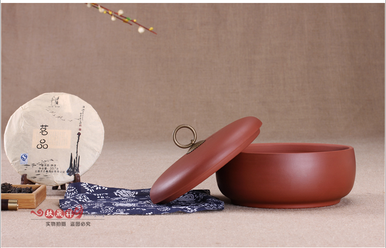 
                                                            玖晟祥 宜兴紫砂茶叶罐醒茶大号存茶罐普洱茶饼储存罐粗陶瓷茶缸密封茶叶桶藏茶盒储物罐 三饼装 3饼【素面铜扣】清水泥光面                