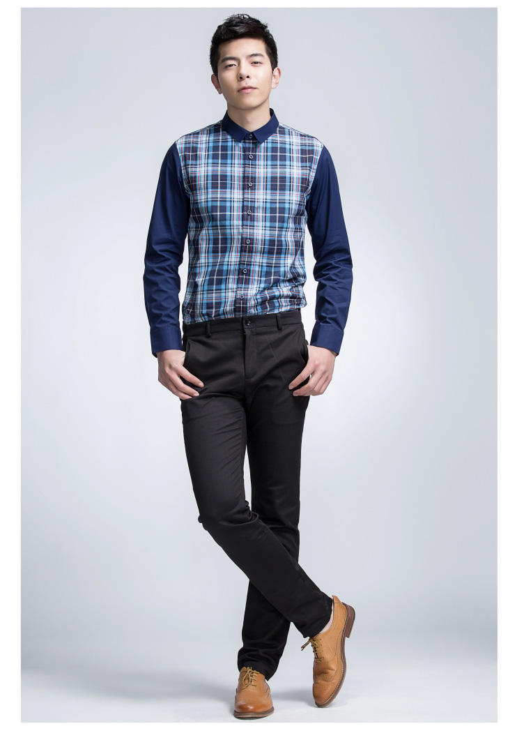 乔治白g52 新款春季男装长袖衬衫 男士格子衬衣 蓝色 38(偏小一码)