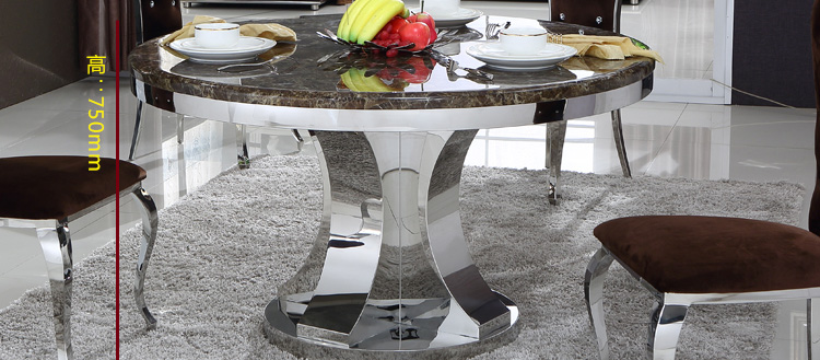 不锈钢餐台 高端现代简约餐桌椅组合小户型带转盘 大理石圆桌 紫山水