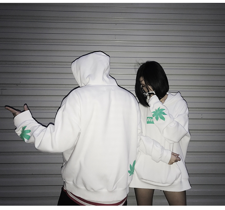 weedlover枫叶印花连帽慵懒卫衣国潮牌男女情侣港风街头帽衫秋季 黑色
