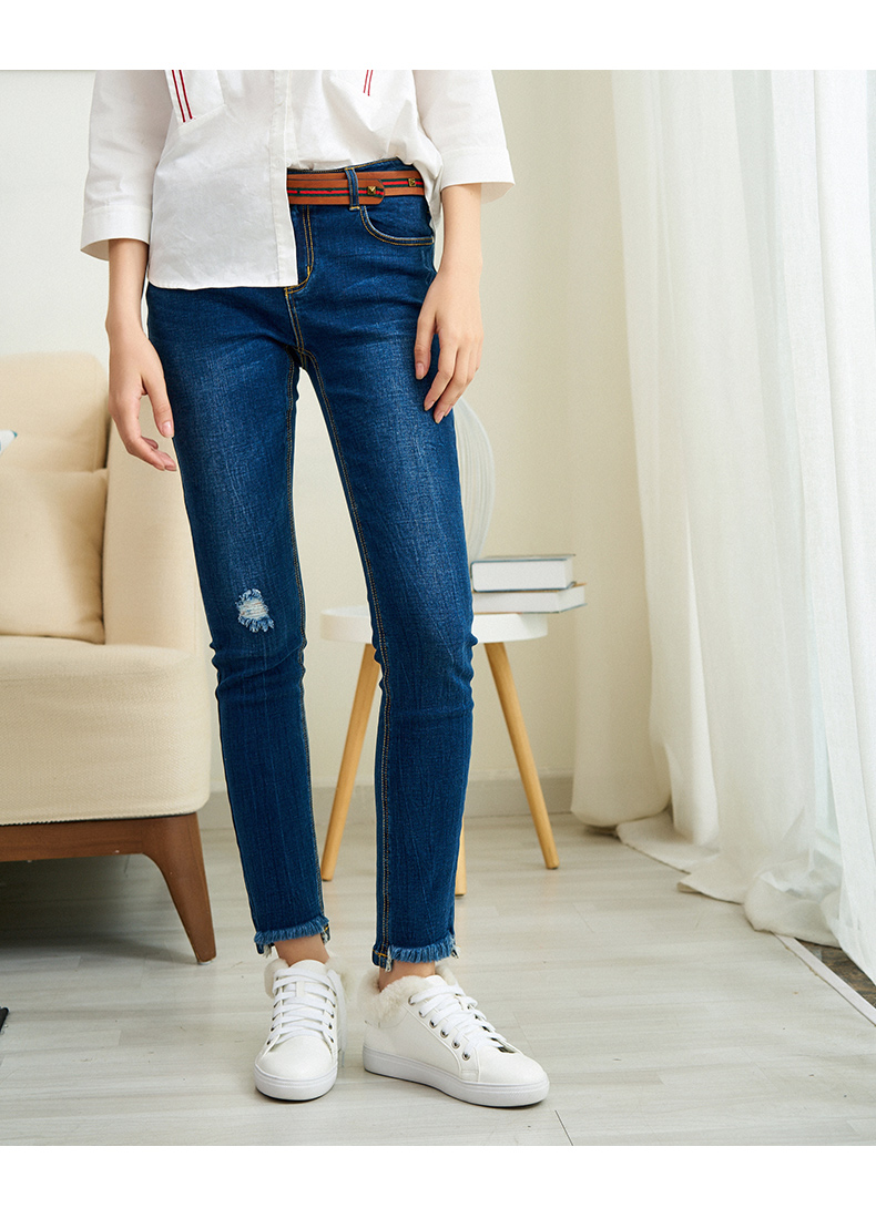 朵以春夏新款韩版潮流破洞不对称毛边裤脚修身牛仔裤女31dd20731黑色s