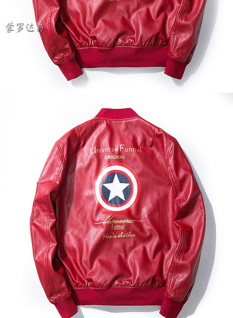 原创美国队长夹克男士连帽印花街头机车皮衣潮牌日系学生情侣棒球服