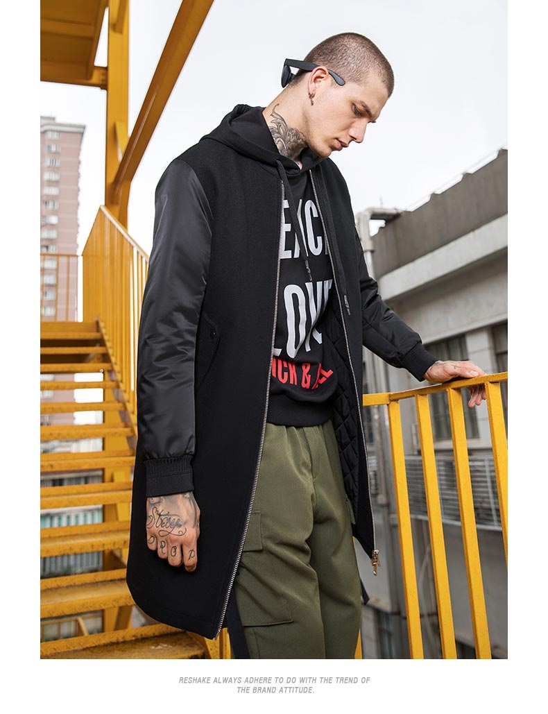 reshake马克华菲型格2017冬季男士长中拼接外套棉服大衣毛呢 311纯黑