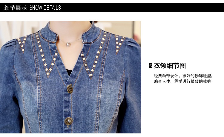 金莎飞狐  2016春季新品休闲翻领修身牛仔连衣裙  女长袖中长款裙子  A683 牛仔 M