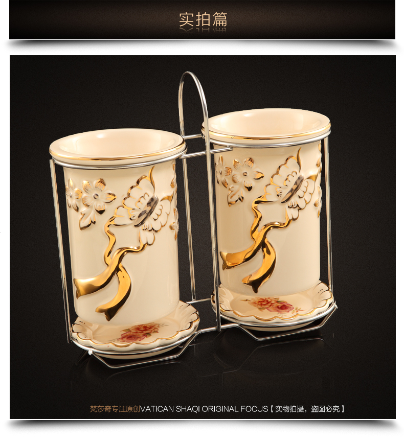 梵莎奇陶瓷欧式创意筷子筒 蝴蝶厨房置物架双筒筷架 防霉沥水筷子盒筷笼套装