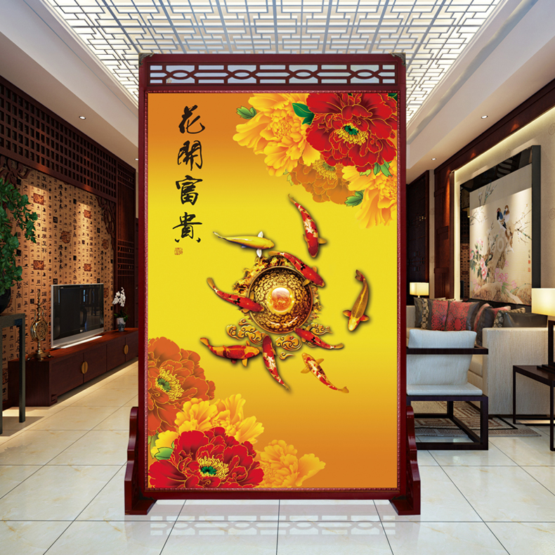 定制皮革座屏 中式书房酒店屏风 玄关办公室摄影客厅隔断双面屏风 花开富贵2 120cm宽X180高 左右镂空