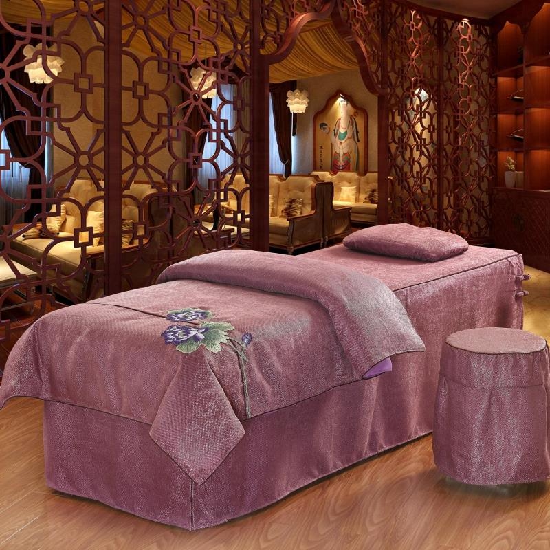 美容床罩四件套按摩美容美体床上四件套美容院可定做 丝绒麻橘色 190*