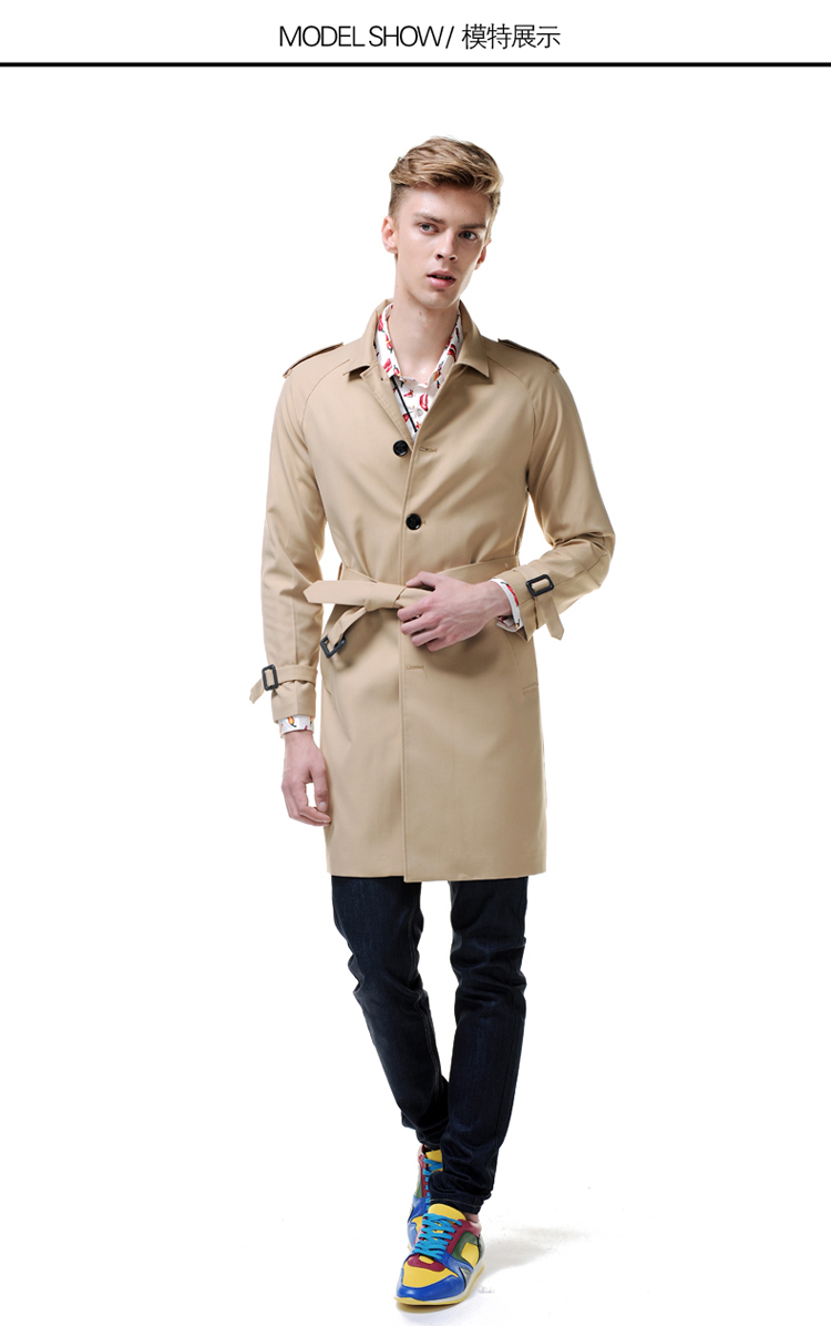 黑色经典束腰中长款男风衣单排扣英伦男士风衣外套 黑色 xl