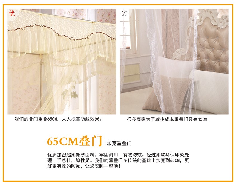 
                                        暖莎家纺 三开门不锈钢宫廷落地蚊帐夏凉床品1.5米/1.8米床适用 百花开-白色 1.8*2.0m床25mm立柱                