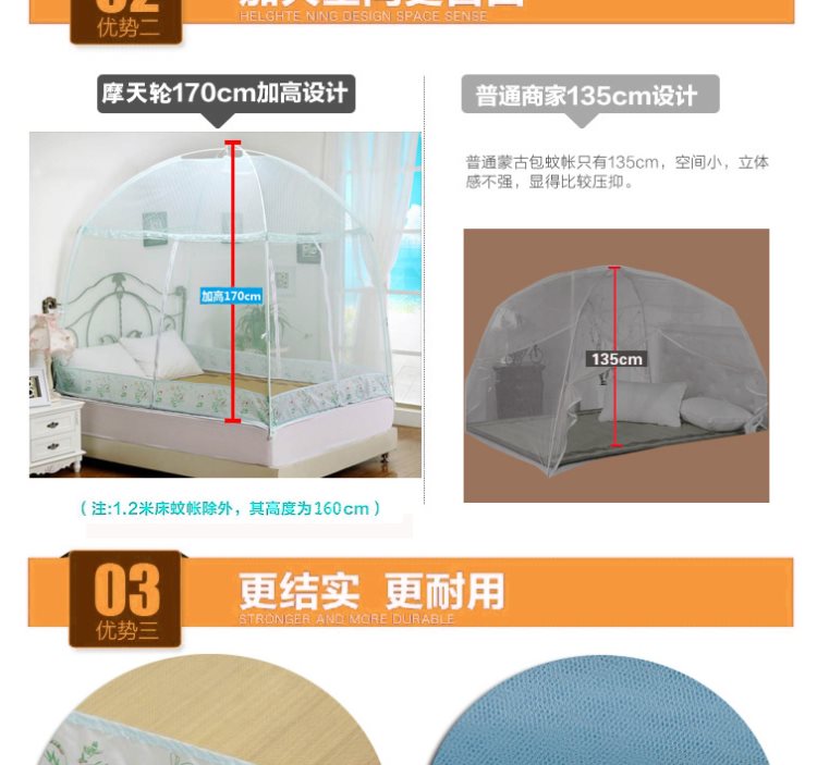 
                                        日月潭家纺蒙古包蚊帐有底蒙古包三开门防蚊层蚊帐1米2床1米5床1米8床 爱到永久-米黄 180*200cm                