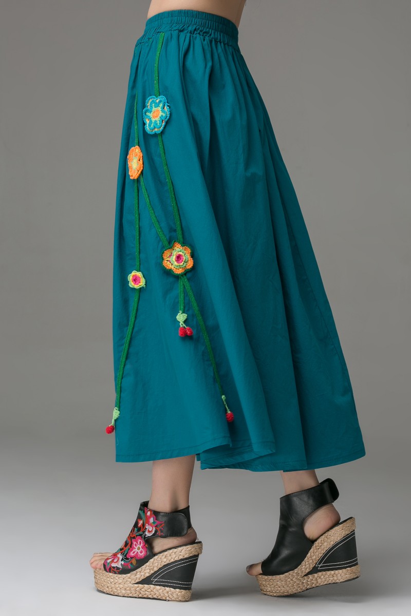 公主蓬特 2015民族风春夏款女装半身裙大摆裙 青色 均码