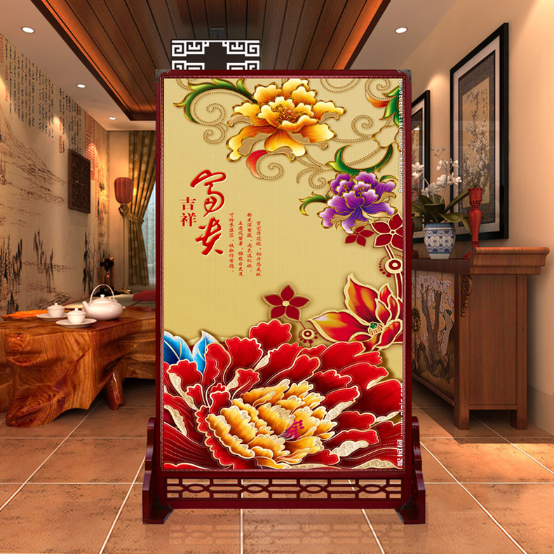 定制皮革座屏 中式书房酒店屏风 玄关办公室摄影客厅隔断双面屏风 富贵金鱼 180cm宽X180高 左右镂空