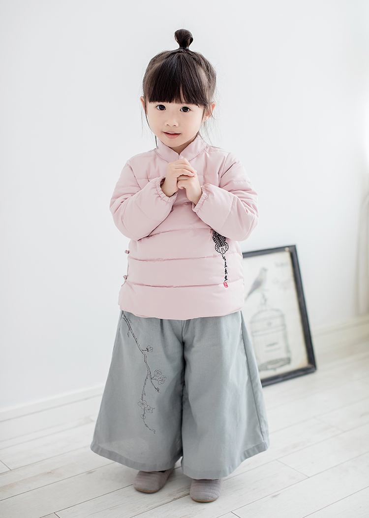 儿童阔腿裤17冬男女童宝宝加绒加厚假两件中国风印