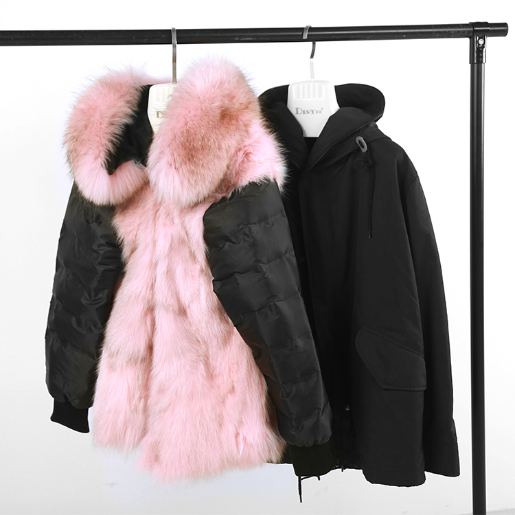 2017来自星星的你派克大衣狐狸毛内胆女皮草中长款外套999 狼毛粉色