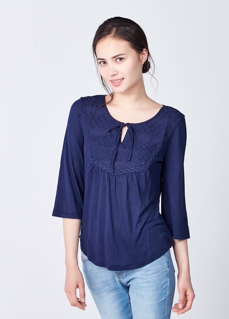 艾格weekend 2016夏新品s纯色高腰刺绣七分袖t恤16022820840 藏青色