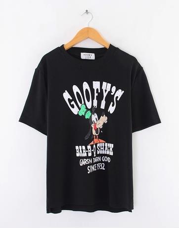 蔻姿图 磨毛棉卡通印花搞怪高飞狗字母数字宽松直筒t恤女rb9tt22 黑色