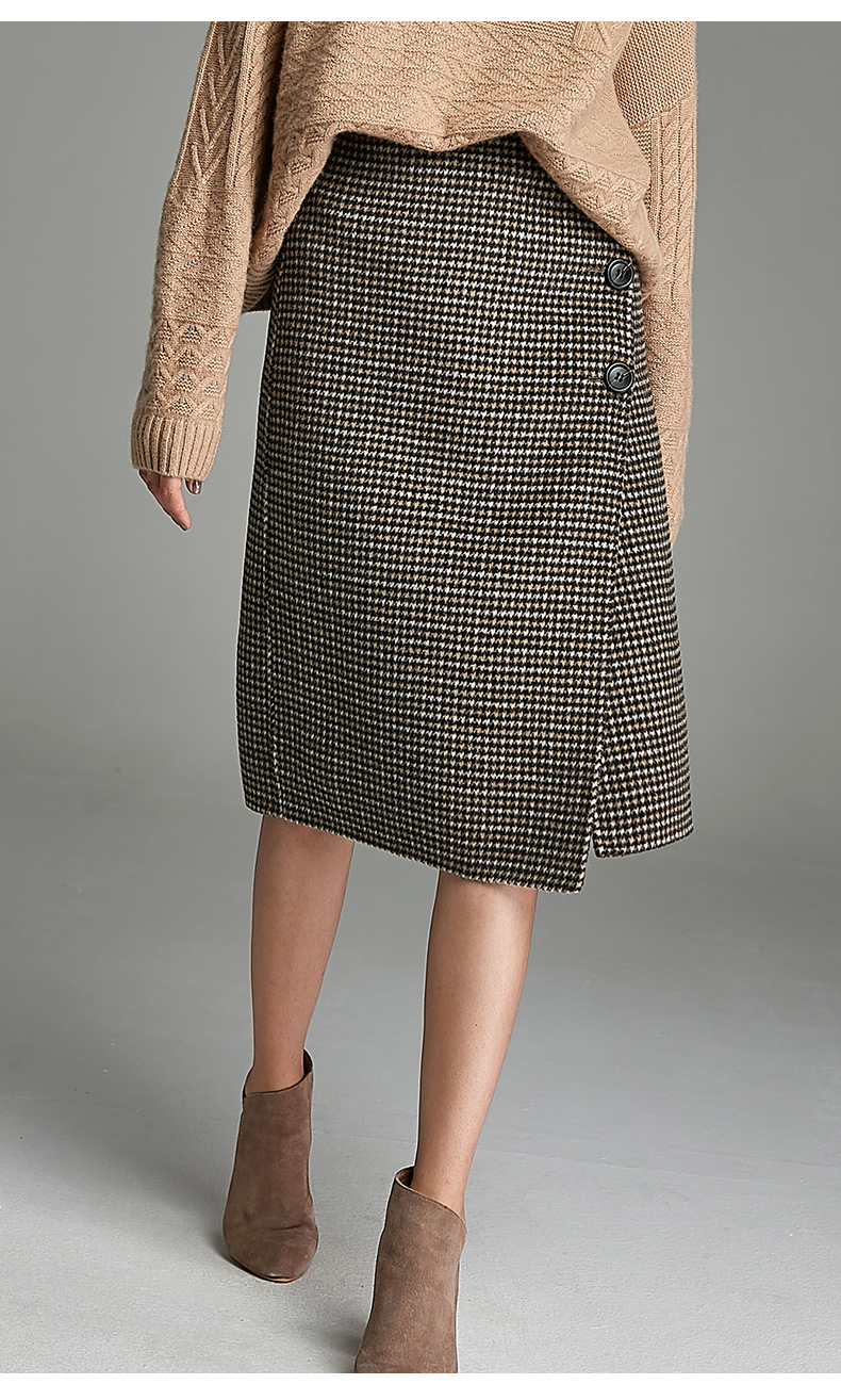 欧黎蔓千鸟格半身裙秋冬2020新款修身包臀裙中长款格子毛呢裙子 驼色