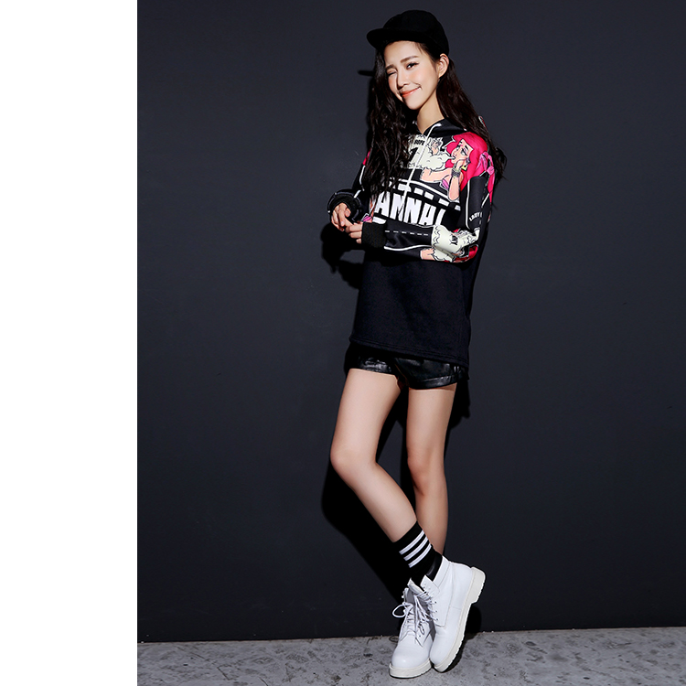 七格格印花卫衣 时尚百搭卡通图案潮流卫衣 女 黑色  S